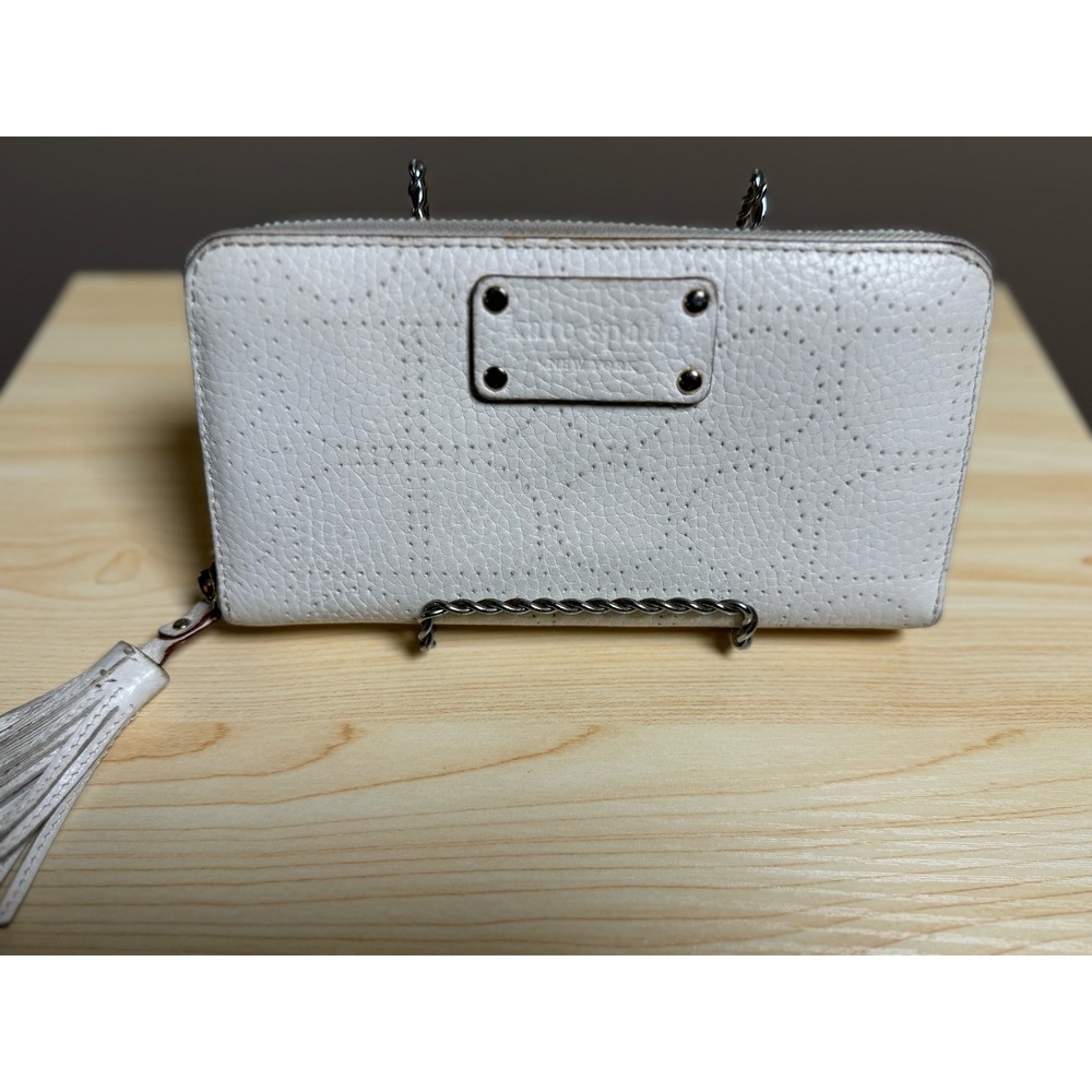 Kate Spade New York White Perforated Leather Tassel Zip Around Wallet